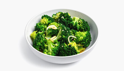 A generous bowl of freshly steamed broccoli with garlic isolated on a bright white background for culinary presentation