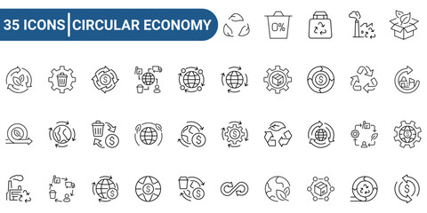 Circular Economy web Icon Set in Line Style. Pictograms and infographics for mobile apps, web. Editable stroke. Vector Illustration.	