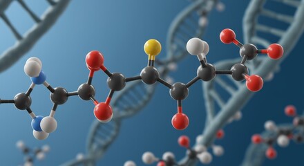Scientific Molecule Model on Blue DNA Strand Background