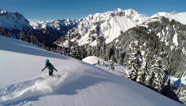 Powder snowboarding in majestic mountains