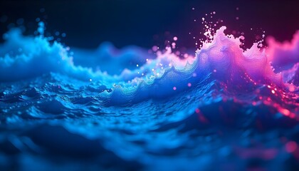 Digital waveforms and sound frequency lines in neon blue and pink, flowing abstract tech background, dynamic energy .