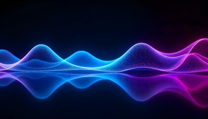 Digital waveforms and sound frequency lines in neon blue and pink, flowing abstract tech background, dynamic energy .
