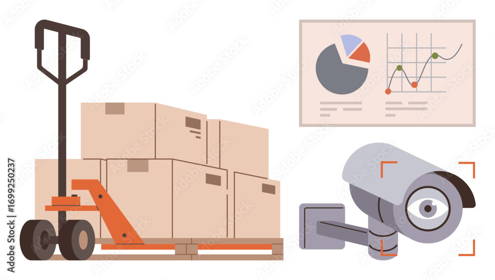 Poster pallet jack loaded with stacked boxes, wall-mounted security camera, and data charts displaying anal