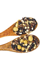 Assorted Grains Beans and Soybeans in Wooden Spoons - Healthy Natural Food Ingredients