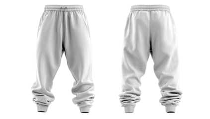 Front and back views of plain white sweatpants.  Drawstring waist.  Relaxed fit.  Straight leg