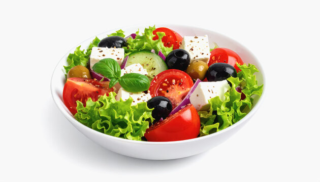 Vibrant greek salad with tomatoes, olives, and mozza presented in a bowl isolated on clean white background