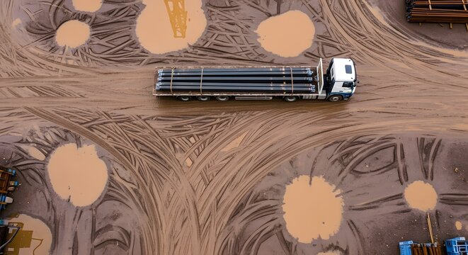 An aerial perspective displays a vehicle carrying numerous long, dark pipes on a muddy roadway. Tire tracks and puddles are visible. The scene has an overcast, muted palette
