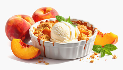 Delightful bowl of firefly peach cobbler served with ice cream isolated on white background for sweet treat lovers