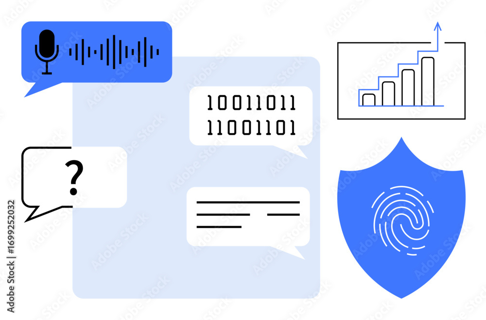 Poster speech bubble with sound wave, binary code, fingerprint shield, chat, and graph, blending technology