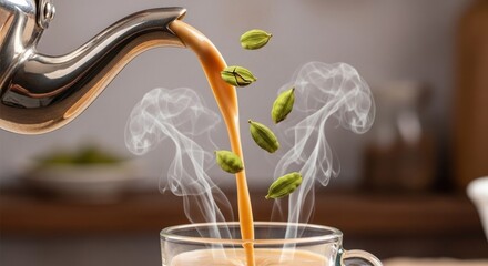 Steaming masala chai being poured with cardamom pods floating in the air