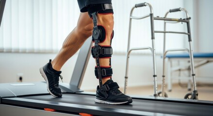 A person with a knee brace walks on a treadmill during physical therapy, focusing on rehabilitation and recovery. Medical equipment like a walker is visible in the background.