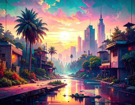 Colorful cityscape at sunrise