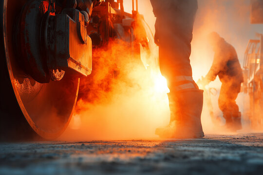 Asphalt roller and workers with steam during hot road construction
