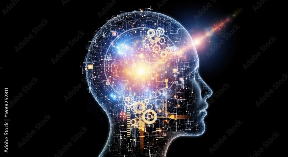 Poster abstract depiction of a human head filled with intricate circuit patterns, gears, and glowing light,