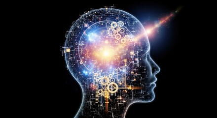 Abstract depiction of a human head filled with intricate circuit patterns, gears, and glowing light, symbolizing artificial intelligence, data processing, and the complexities of the mind.
