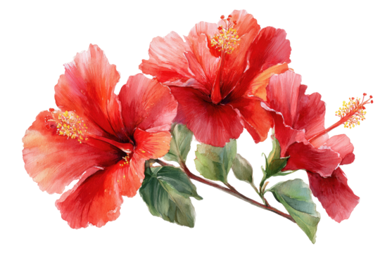 Vibrant red hibiscus blossoms.  Close-up of three hibiscus flowers with detailed petals and stamens.  Soft green leaves accentuate the flowers.  Painterly style.  Tropical feel