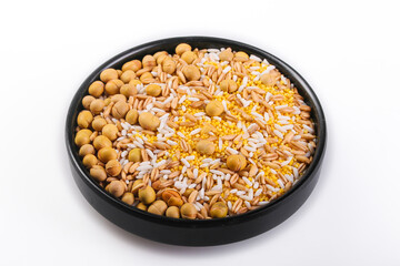 Mixed Grains Legumes Cereals Bowl - Soybeans Peanuts Rice Oats Corn Healthy Food Ingredients Composition