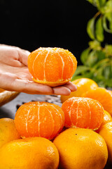 Fresh Peeled Tangerine Orange Being Picked by Hand from Citrus Fruit Pile