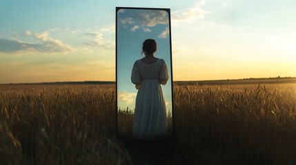 Woman in white dress standing in a field reflected in a phone screen at sunset scenery view