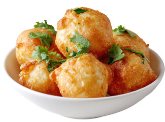 Golden-brown, small, round, fried food balls in a white bowl, topped with fresh cilantro