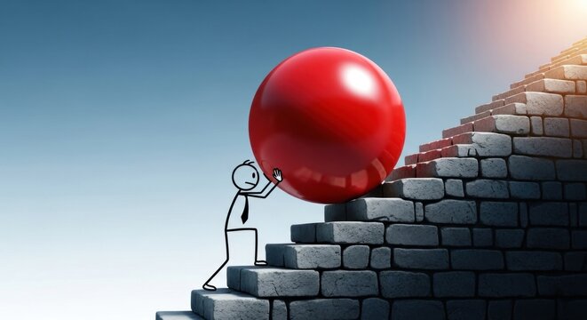 Stick figure pushing a large red ball up a steep stone staircase to the top