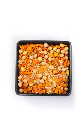 Mixed legumes soybeans and dried vegetables in bowl healthy cooking ingredients
