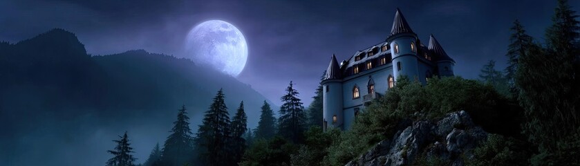 Fantasy castle in forest with moonlit foggy night concept. A mysterious castle illuminated by a full moon in a dark setting.