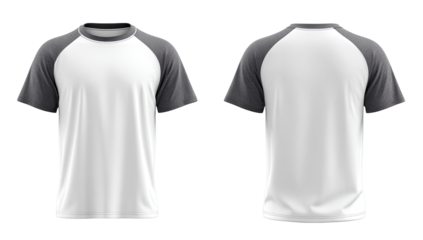 Front and back view of a white t-shirt with gray raglan sleeves