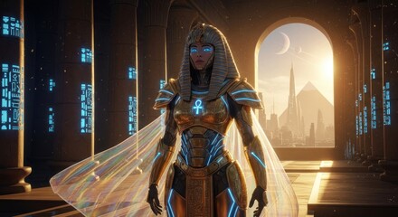 Futuristic pharaoh stands guard over a technologically advanced ancient city view