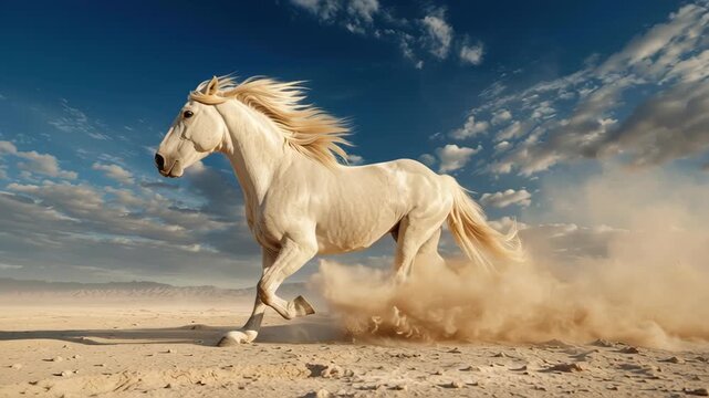Powerful white stallion running across desert sand with dynamic movement, dramatic sky, flowing mane, evoking freedom, strength, energy