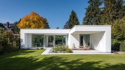 Modern white house with patio, surrounded by green lawn and trees