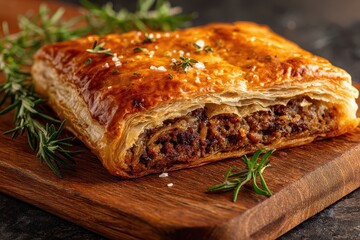 Savory meat-filled puff pastry slice with fresh rosemary and thyme on a rustic wooden board.