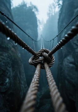 Fototapeta Rain-Kissed Rope Bridge Knot: A Moody Close-Up in a Misty Gorge