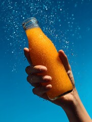 A hand firmly grasping a cold condensation-covered glass bottle of vibrant orange juice with water splashing around.
