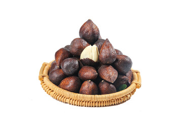 Fresh Salak Snake Fruit from Bali in Wicker Basket on White Background