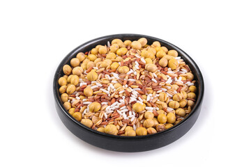 Mixed Grains Soybeans Peanuts Rice Seeds in Black Bowl Healthy Food Ingredients White Background