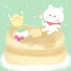 パンケーキに喜ぶくまちゃんとひよこ