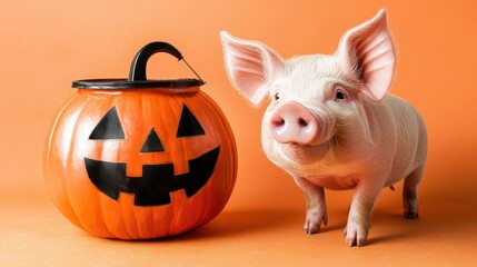 Obraz premium Cute Pig Next to a Halloween Pumpkin with a Jack-o'-Lantern Face