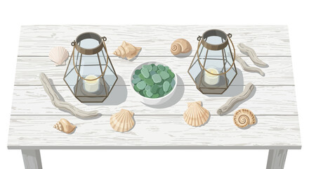 Coastal inspired tabletop arrangement with decorative elements and calming vibe