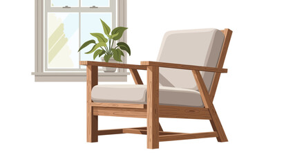 Comfortable wooden armchair beside window with indoor green plant