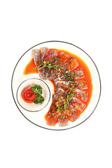 Jellied Fish in Aspic with Herbs and Vegetables on White Plate Traditional European Cuisine
