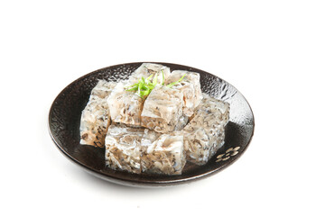 Korean Fish Jelly Cubes Traditional Seafood Dish on Black Plate White Background