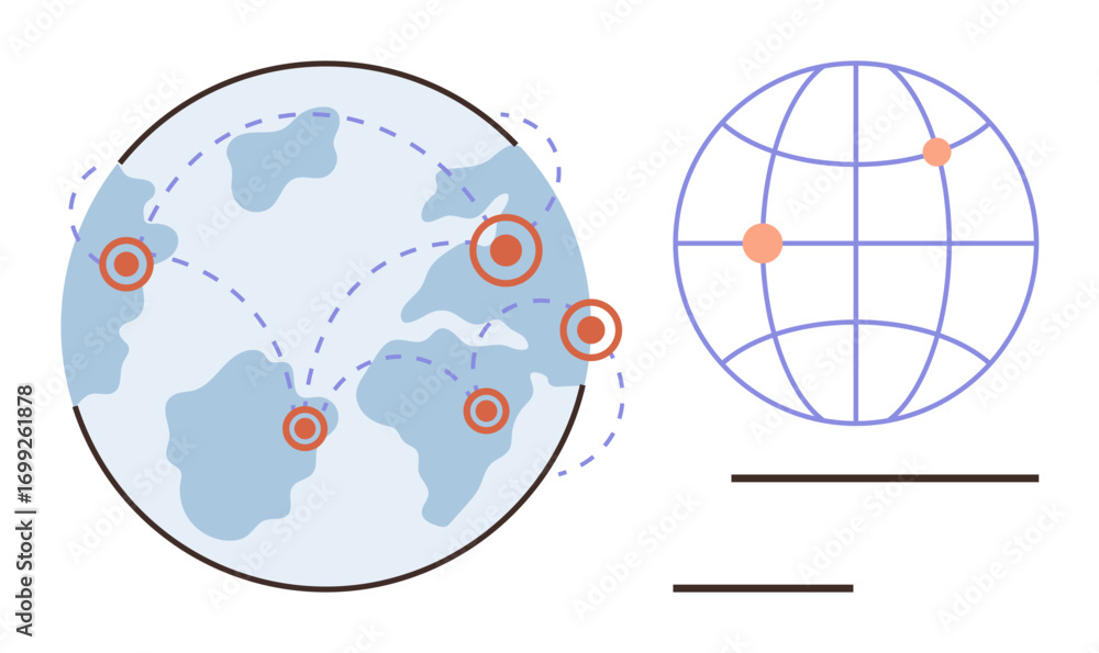 Poster globe with dotted lines connecting marked locations, alongside a grid-based globe. ideal for technol