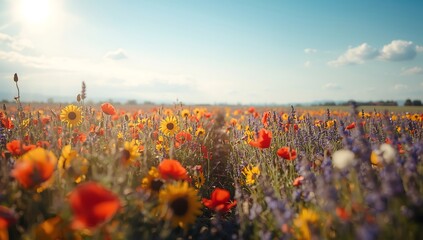 Morning and evening poppy field with red flowers in green meadow under blue sky