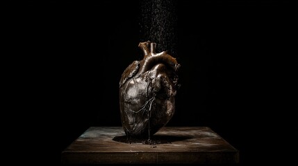 Abstract sculpture of a human heart with dark material seeping from within.