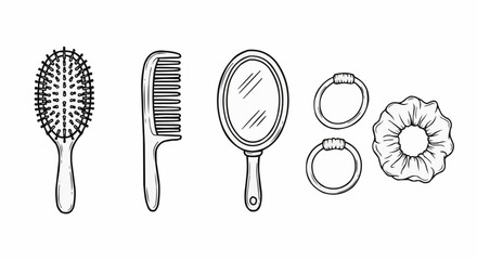 Hair styling tools and accessories vector illustration featuring brush comb mirror and scrunchies for beauty needs vector