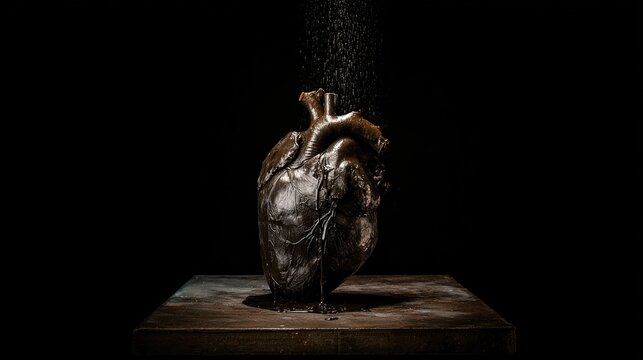 Abstract sculpture of a human heart with dark material seeping from within.