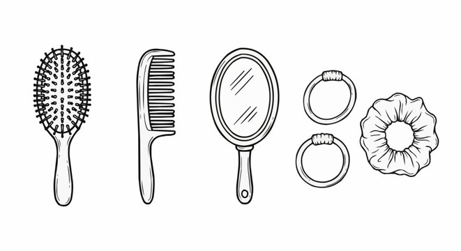 Hair styling tools and accessories vector illustration featuring brush comb mirror and scrunchies for beauty needs vector