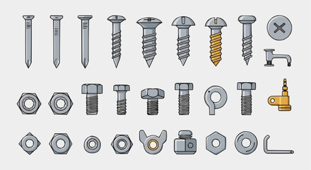 Explore various types of fasteners nails screws bolts nuts washers and hardware for construction projects vector