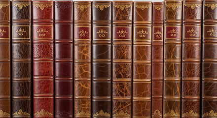 Classic leather-bound books with ornate spines lined up